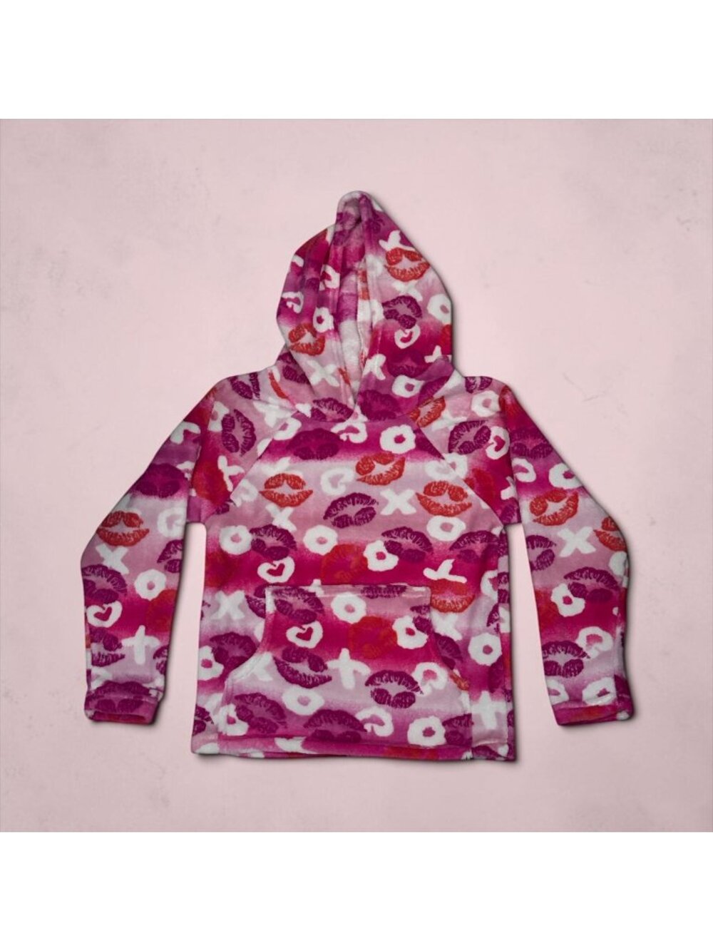 Made With Love And Kisses Girls Fleece Hoodie 8-10 Pink & Orange Lips Pattern Co